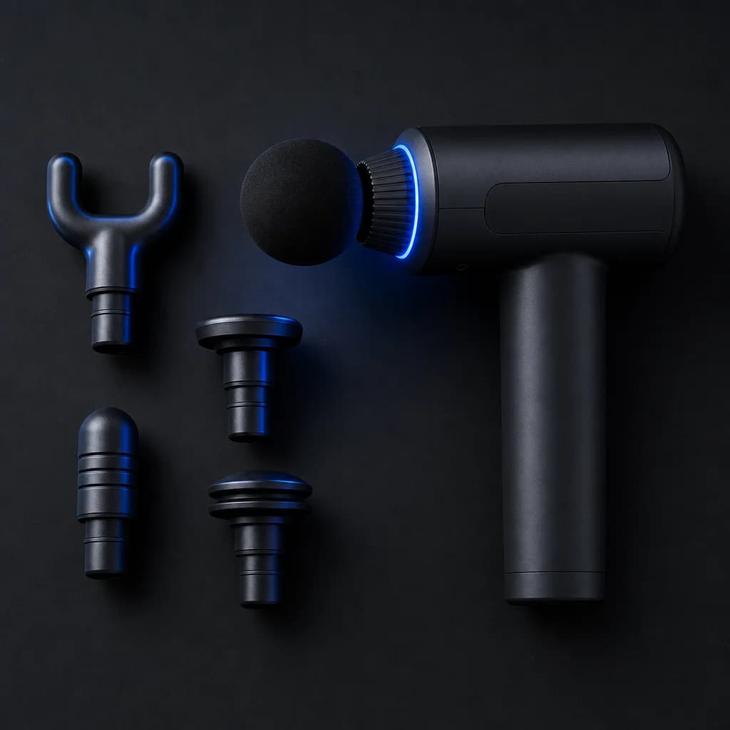 Massage gun kit laid out flat: four attachment heads and USB charging cable