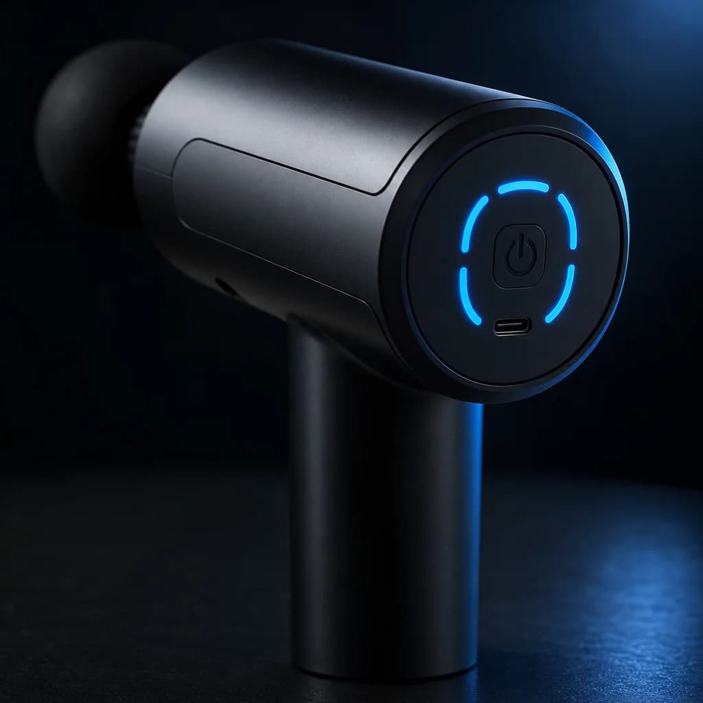 Close-up of the massage gun LED power ring and touch control